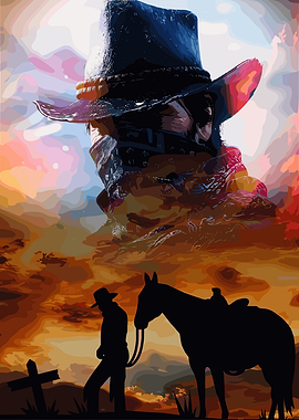 Cowboy and Horse at Sunset