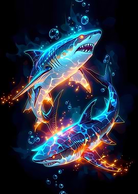 Neon Sharks in Dark Water