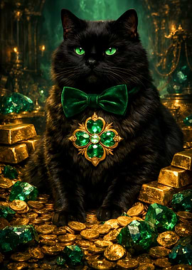 Black Cat St Patrick's Guarding Emerald Green Papillon Golden Medal