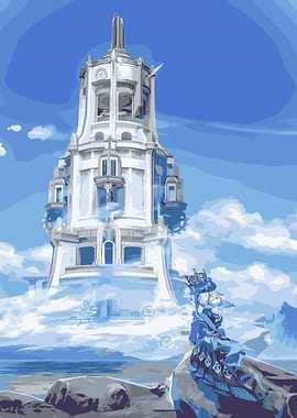 Fantasy Tower and Character in Clouds