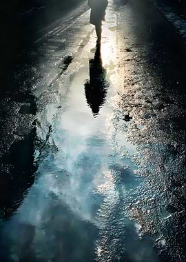 Silhouette of a person walking on a wet street