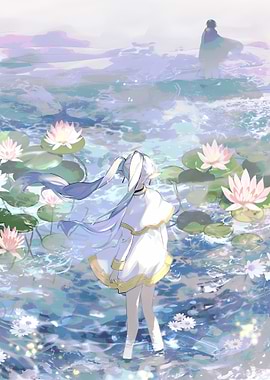 Girl in White Dress in Lotus Pond