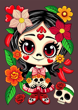 Dia de los Muertos Girl with Skulls and Flowers