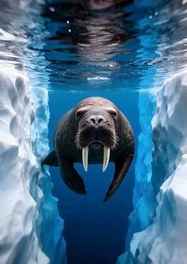 Walrus swimming between icebergs
