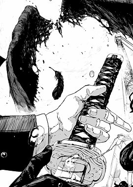 Hand holding a katana with black wings