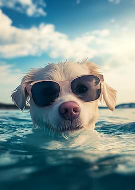 Dog wearing sunglasses in the water
