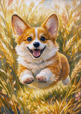 Happy Corgi in a Wheat Field