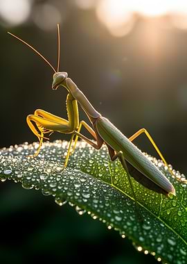 Praying Mantis on Dewy Leaf at Sunrise