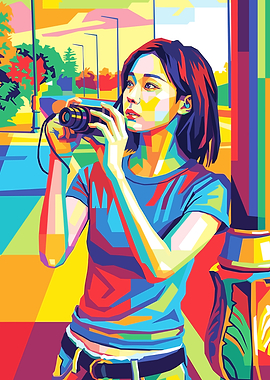 Winter taking a photo in pop art style