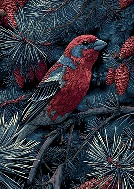 Red Bird on Pine Branch