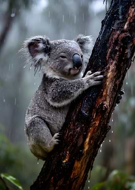 Koala clinging to a tree in the rain