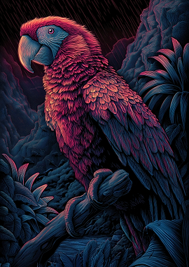 Vibrant Parrot in a Dark Jungle