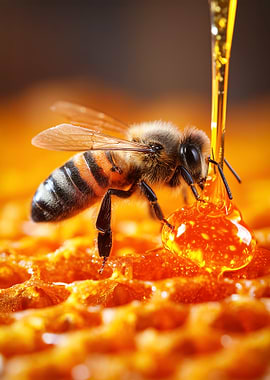 Bee collecting honey from honeycomb