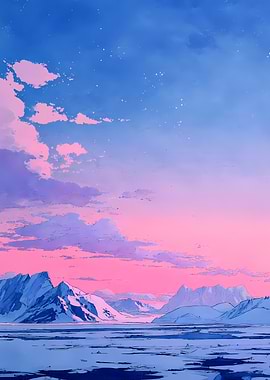 Anime Landscape of Snowy Mountains at Sunset