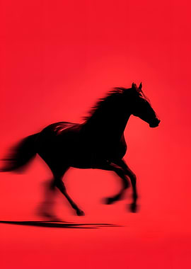 Silhouette of a running horse on red background