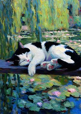 Cat Sleeping by Monet's Water Lilies