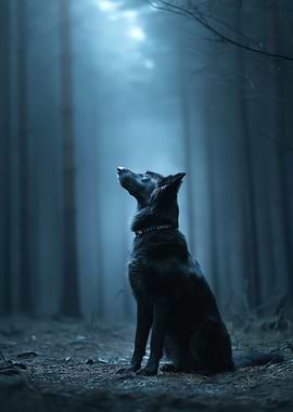 Black dog in a misty forest
