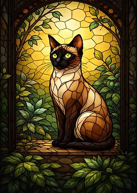 Siamese Cat in Stained Glass Window