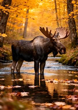 Moose in Autumn Stream