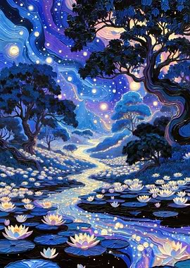 Enchanted Nighttime Water Lily Pond
