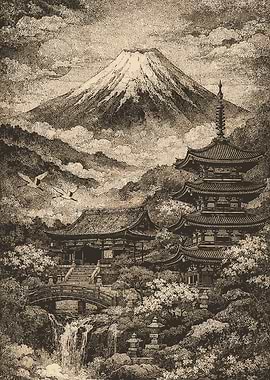 Mount Fuji and Japanese Temple