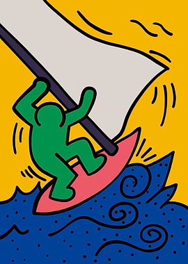 Green figure windsurfing on pink board