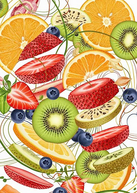 Vibrant Fruit Medley with Swirling Lines