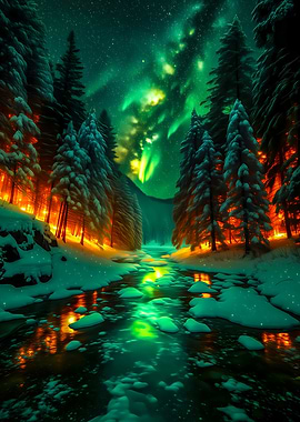 Winter Aurora Over Snowy Forest