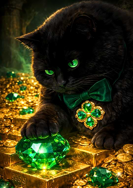 Black Cat St Patrick's Curious Green Jewel Emerald Papillon Golden Medal