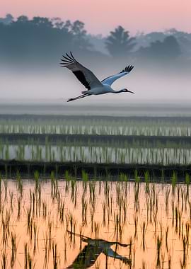 Crane flying over misty rice fields at sunrise