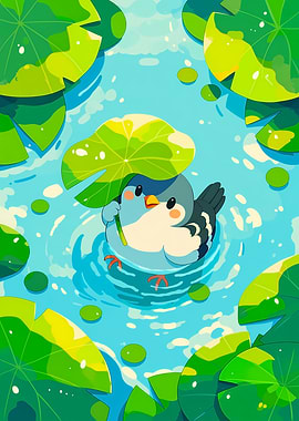 Cute Bird Under Lily Pad