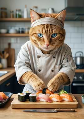 Chef Cat Making Sushi