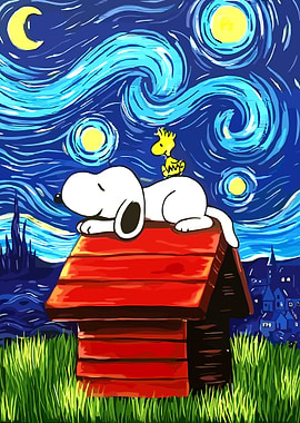 Snoopy and Woodstock in Starry Night