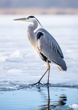 Heron standing on ice