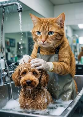 Cat grooming a dog in a sink