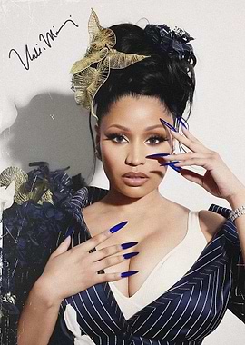 Nicki Minaj with Blue Nails and Gold Hairpiece