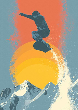 Snowboarder jumping over mountains at sunset