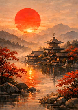 Japanese Pagoda Red Moon