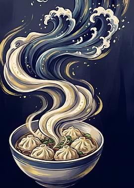 Steaming Dumplings with Ocean Waves