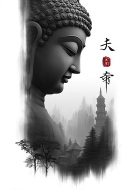 Buddha with Pagoda and Mountains