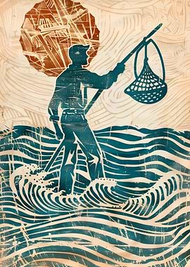 Fisherman with Net in Wavy Water