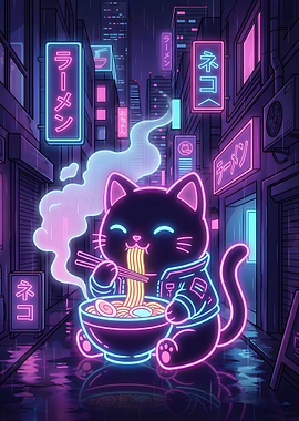 Cyberpunk Neon Cat Ramen Night