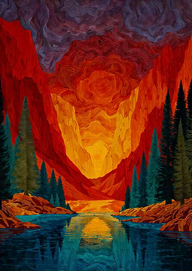 Vibrant Sunset Mountain Lake Linework