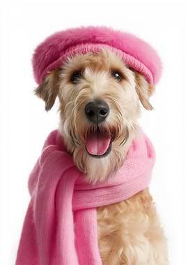 Cozy Soft Coated Wheaten Terrier Dog in Pink Hat and Scarf