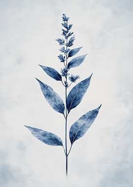 Blue Botanical Plant Illustration | Vintage Feather Grass Botanical Wall Art