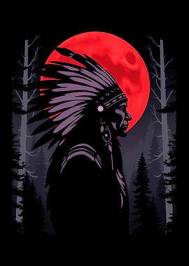 Native American Chief Under Red Moon