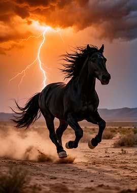 Black horse running in a storm