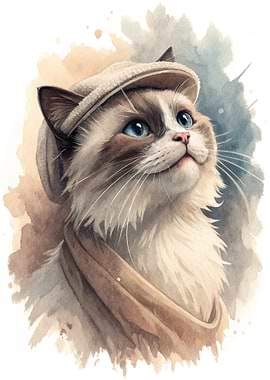 Watercolor Cat Wearing a Cap