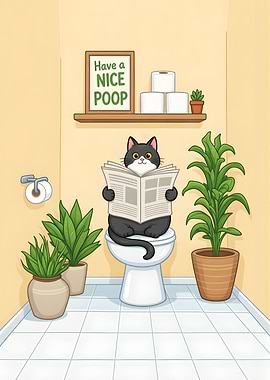 Fat Cat reading newspaper on toilet