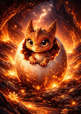 Baby Dragon Hatching from Fiery Egg